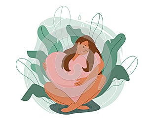 Love yourself vector illustration. Smiling woman sit and hug big heart in nature floral modern elements. Body care