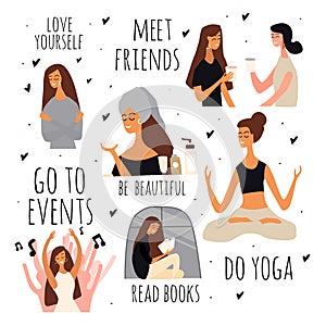 Love yourself vector set. Happy lifestyle poster. Motivation for women to take time for yourself.