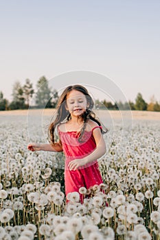 Loveable little girl in pink jumpsuit running across field full of white dandelions and smiling happily, enjoying time.