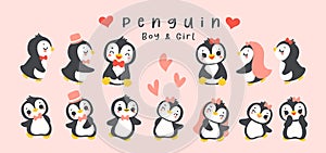 Loveable Valenntine penguin boy and girl hand drawn cartoon set, Cheerful animal character photo