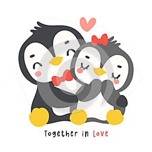 Loveable Valenntine penguin couple hugging in a whimsical hand drawn cartoon, perfect for romantic greetings and festive occasions