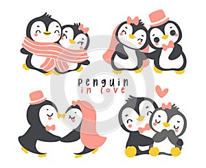 Loveable Valenntine penguin couple in lover hand drawn cartoon element set, Cheerful animal character