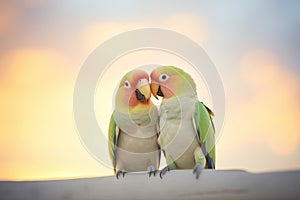 lovebirds in a gentle peck facing sunset sky