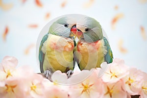 lovebirds nuzzling under a blooming flower