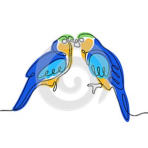 Lovebirds parrots one line vector illustration