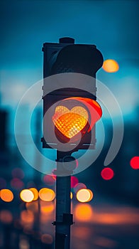 Loveinspired traffic light in heart shape, amber glow, evening rush, blurred motion, city romance, professional color grading,soft