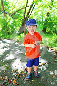 Lovely 2 years toddler boy walks in summer