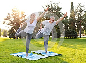 Lovely active fit elderly family couple practicing partner yoga outside in nature standing on mats