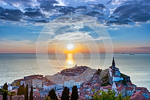 Lovely Adriatic town of Piran in sunset