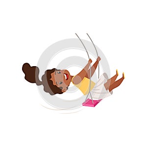 Lovely African American girl swinging on a rope swing, little kid having fun on a swing vector Illustration on a white