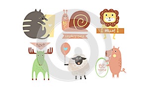 Lovely animals with banners set, cute cat, snail, lion, elk, sheep, pig holding signboards with text, design elelment