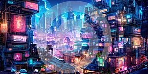 Lovely anime Cyberpunk City Painting, digital painting, night. Generative AI