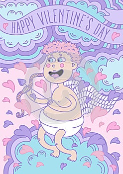 Lovely Ñartoon boy Cupid with wings shoots from a bow on a clouds and hearts background.