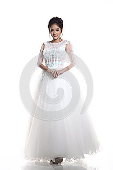 Lovely Asian Beautiful Woman bride in white wedding gown dress w