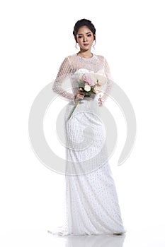 Lovely Asian Beautiful Woman bride in white wedding gown dress w