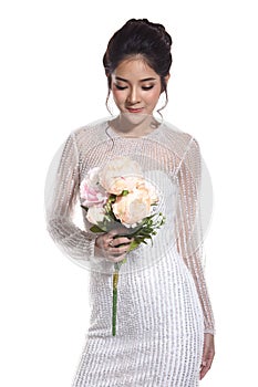 Lovely Asian Beautiful Woman bride in white wedding gown dress w