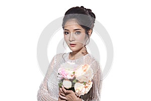 Lovely Asian Beautiful Woman bride in white wedding gown dress w