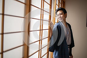 Lovely Asian man wearing Yukata japanese