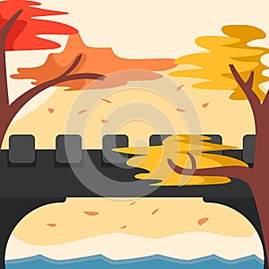 Lovely autumn background with bridge adn maple tree, flat design style photo