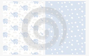Lovely Baby Elephant Seamless Vector Pattern. Cute Little Blue Elephants Among Clouds on a White Background.