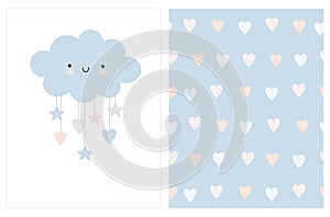 Lovely Baby Shower Vector Card with Blue Fluffy Smiling Cloud with Hanging Stars and Hearts.