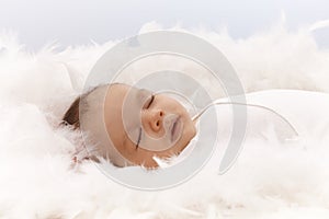 Lovely baby sleeping among feathers