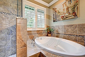 Lovely bathroom boasts jetted tub with a brown mosaic tile surround