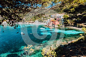 Lovely bay of assos village, Kefalonia, Greece. View on tourquise transparent water framed between green pine grove photo