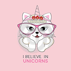 Lovely beautiful cat unicorn in glasses isolated on white background.