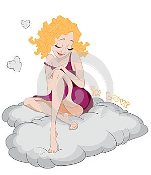 Lovely blonde girl on a cloud Vector. In love concept cartoon character