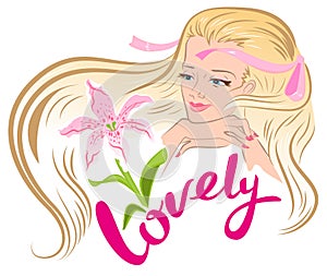 Lovely blonde girl. Day blondes woman lettering text for greeting card photo