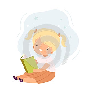 Lovely Blonde Girl Reading Book, Cute Kid Sitting on Floor with Book, Literature Fan, Education and Imagination Concept
