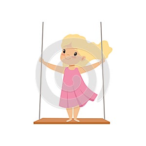 Lovely blonde girl swinging on a rope swing, little kid having fun outdoor vector Illustration on a white background