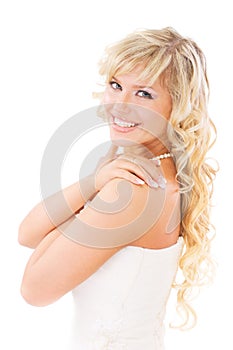 Lovely blonde in white dress laughs