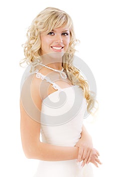 Lovely blonde in white dress laughs photo