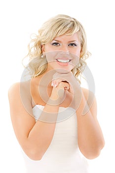 Lovely blonde in white dress laughs photo