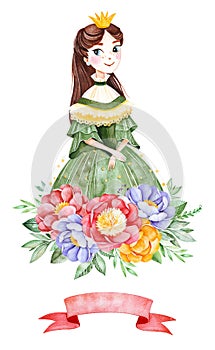 Lovely bouquet with peonies,leaves,flower,branches,ribbon and pretty princess.