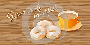 Lovely breakfast with donuts and coffee