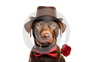 Lovely brown dog with charming eyes wearing hat and red bow tie holding rose on white background