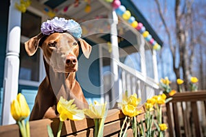 Lovely brown dog wearing toy Easter flowers on head sitting outdoors on a porch, springtime and easter time.