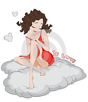 Lovely brunette girl on a cloud Vector. In love concept cartoon characters