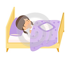 Lovely Brunette Little Girl Sleeping Sweetly in Her Bed under Blanket Vector Illustration