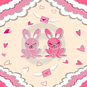 Lovely bunnies in love, envelopes with wings and clouds. Valentine`s day vector