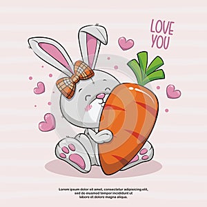 Lovely Bunny With Carrot, Cute Rabbit Cartoon Illustration
