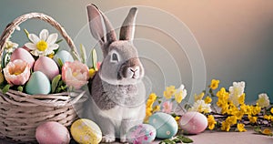 Lovely bunny easter fluffy baby rabbit with a basket full of colorful easter eggs. Beautiful Easter card