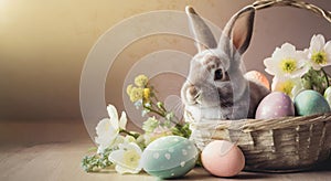 Lovely bunny easter fluffy baby rabbit with a basket full of colorful easter eggs. Beautiful Easter card