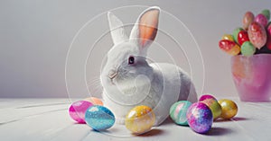 Lovely bunny easter fluffy baby rabbit with a basket full of colorful easter eggs. Beautiful Easter card. Generative AI