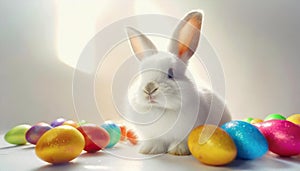 Lovely bunny easter fluffy baby rabbit with a basket full of colorful easter eggs. Beautiful Easter card. Generative AI