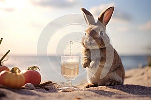 Lovely bunny easter fluffy baby rabbit with drink on seaside with coast shells nature background