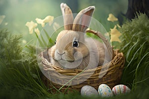 Lovely bunny easter fluffy rabbit sitting in a basket. Adorable baby rabbit on green garden nature background. Ai generated